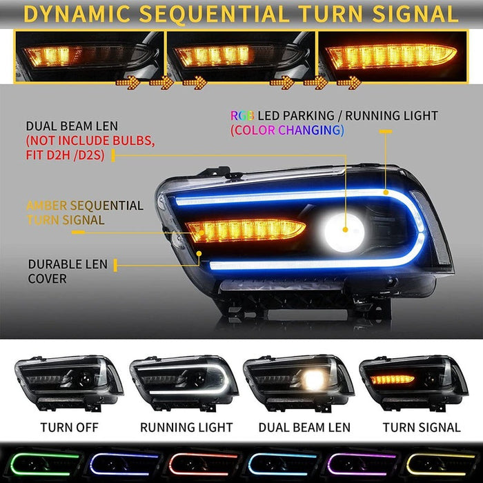 VLAND LED Headlights RGB Colour For Dodge Charger 2011-2014 Black Dual Beam Head