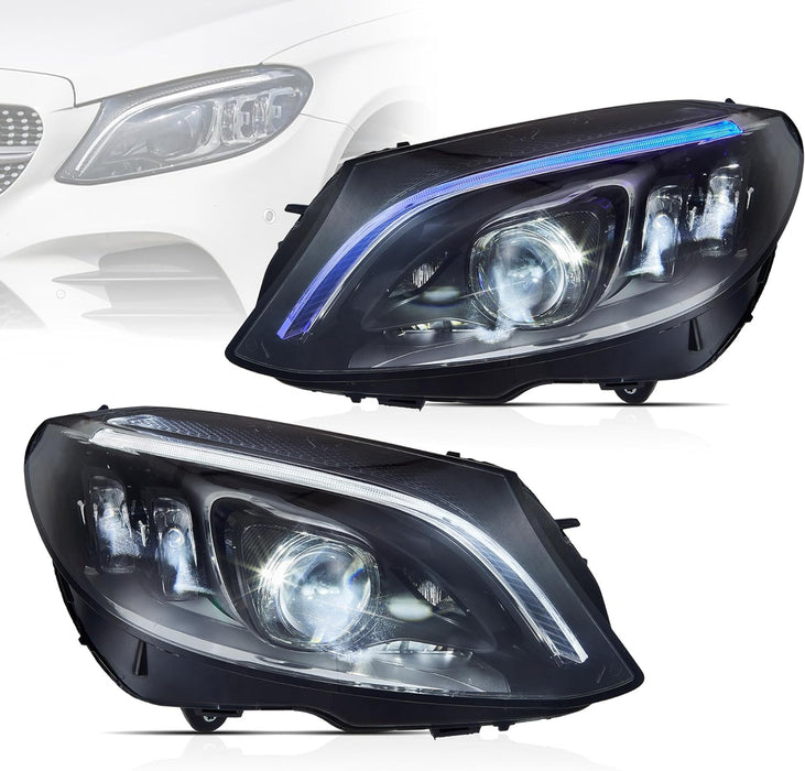 VLAND LED Headlights Fit For Mercedes BENZ W205 C-Class 2015-2020 With Blue Animation DRL