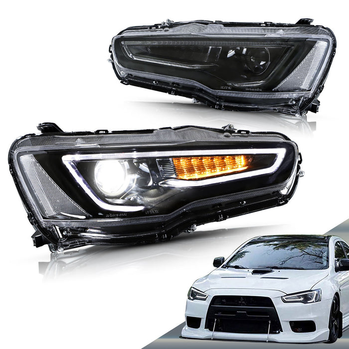 VLAND Dual Beam Projector Headlights Compatible for Mitsubishi Lancer EVO X 2008-2020 with Demon Eye