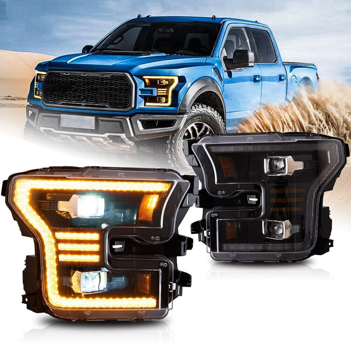 VLAND LED Projector Headlights Assembly Compatible for 2015-2017 FORD F150 Halogen Models with With Dynamic Amber DRL