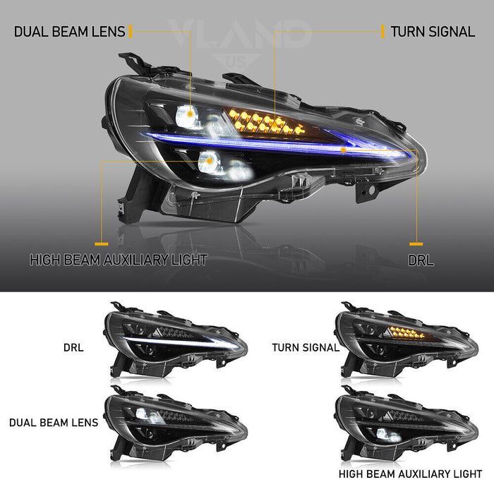 VLAND Full LED Headlights For Toyota 86 2012-2020 Subaru BRZ 2013-2019 Scion FR-S 2013-2016 1st Gen With Blue Dynamic Animation