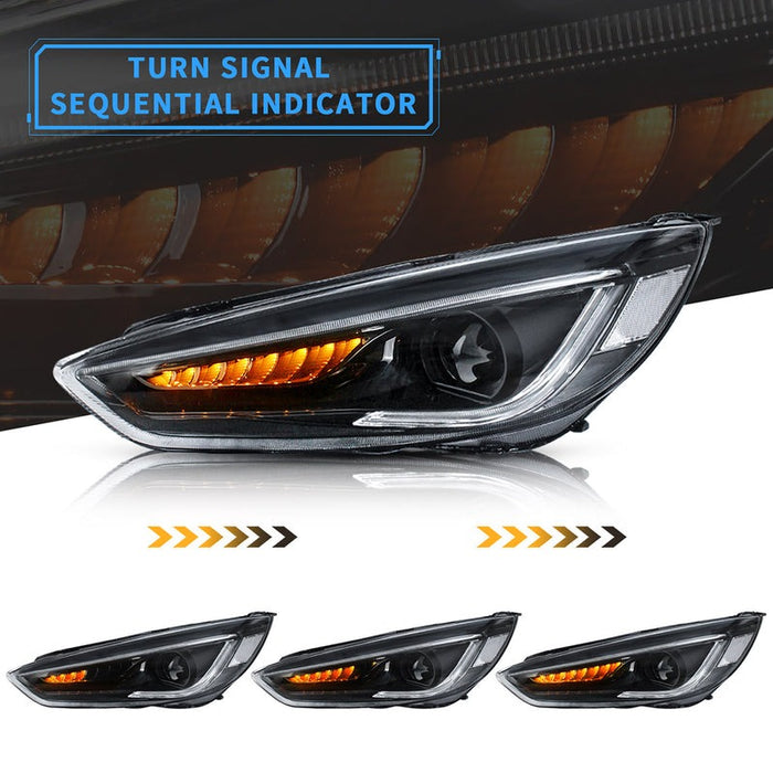 VLAND LED Projector Headlights Assembly Compatible for Ford Focus 2015-2018 with Dual Beam Lens