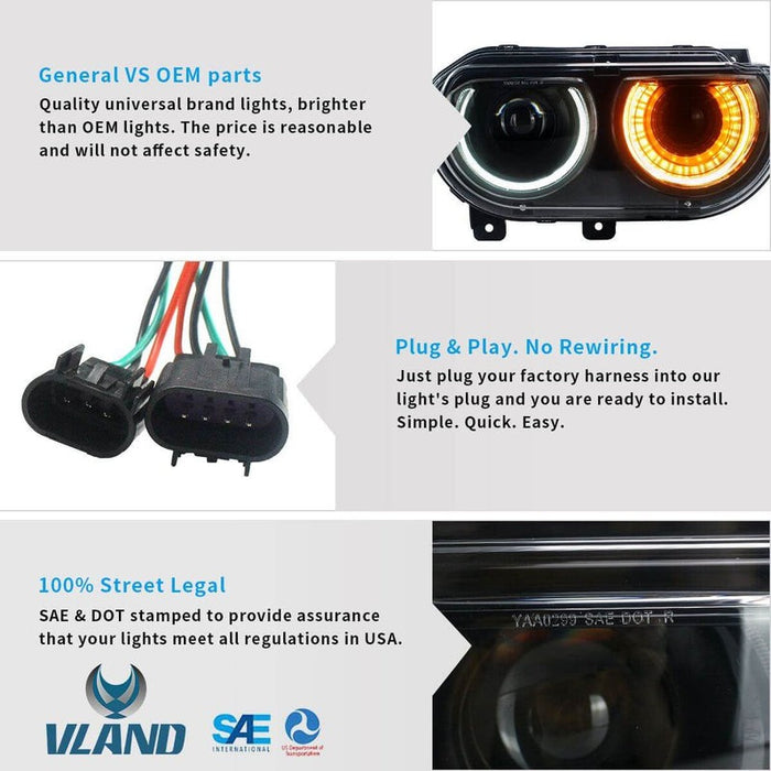 VLAND Dual Beam Projector Headlights For Dodge Challenger 2008-2014