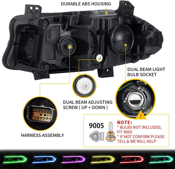 VLAND LED Headlights RGB Colour For Dodge Charger 2011-2014 Black Dual Beam Head