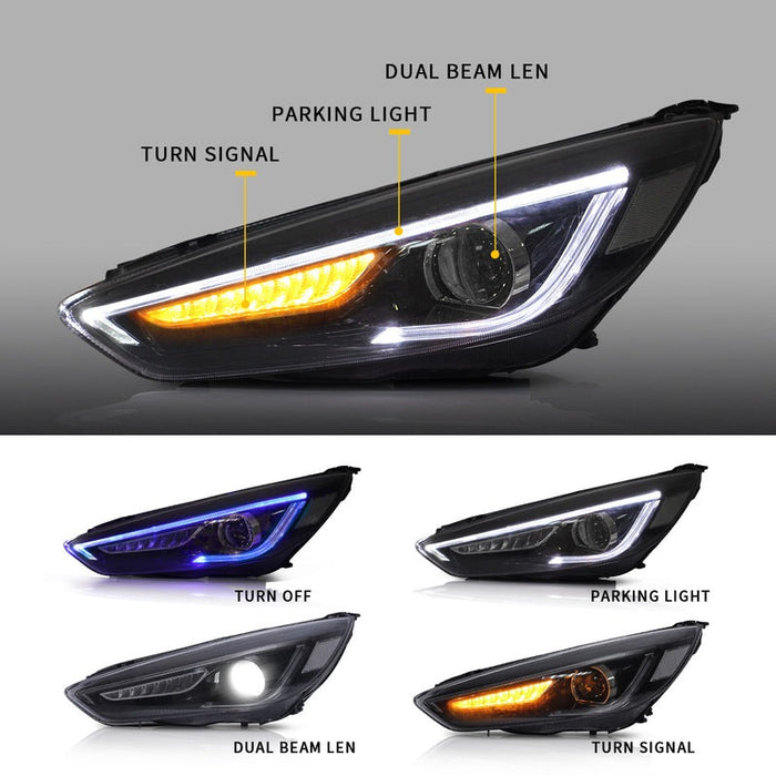 VLAND LED Projector Headlights Assembly Compatible for Ford Focus 2015-2018 with Dual Beam Lens