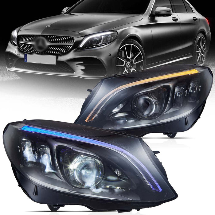 VLAND LED Headlights Fit For Mercedes BENZ W205 C-Class 2015-2020 With Blue Animation DRL