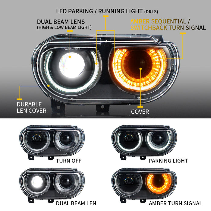 VLAND Dual Beam Projector Headlights For Dodge Challenger 2008-2014