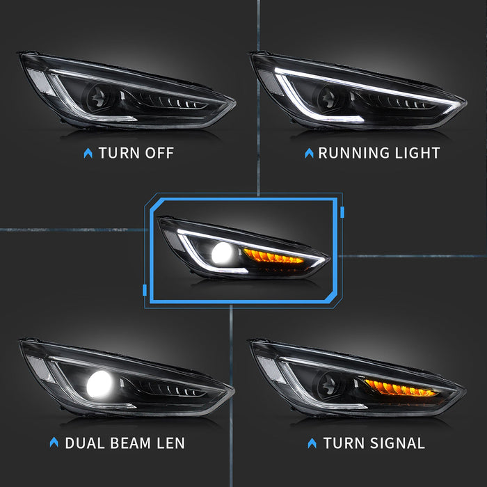 VLAND LED Projector Headlights Assembly Compatible for Ford Focus 2015-2018 with Dual Beam Lens