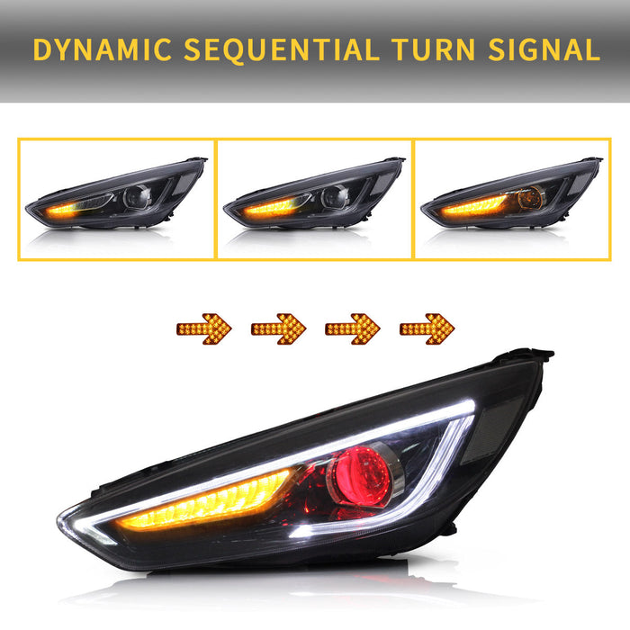 VLAND LED Projector Headlights Assembly Compatible for Ford Focus 2015-2018 with Dual Beam Lens